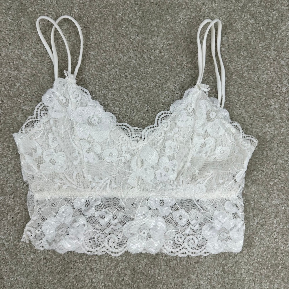 White Floral Lace Bralette Crop Top Double Strap V-Neck Boho Coquette Small